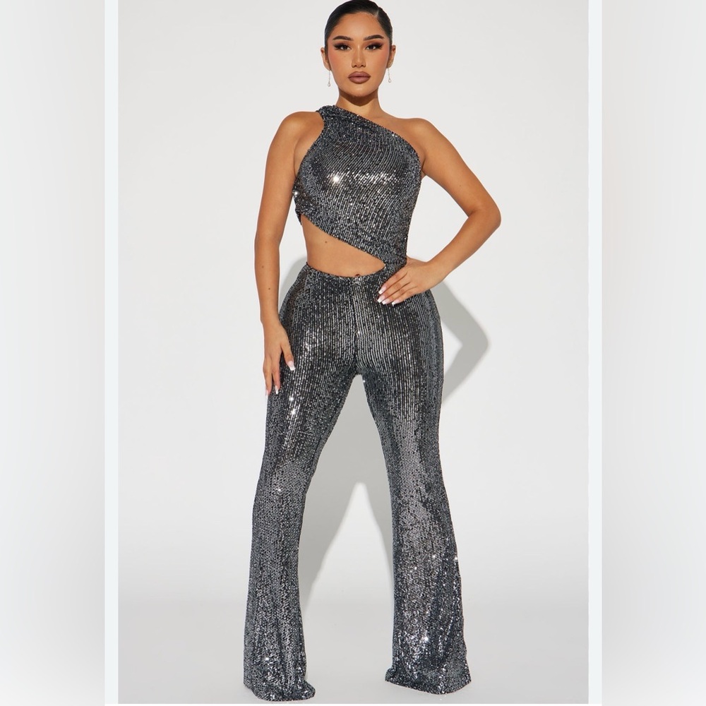 Fashion Nova Charcoal Silver One-Shoulder Jumpsuit